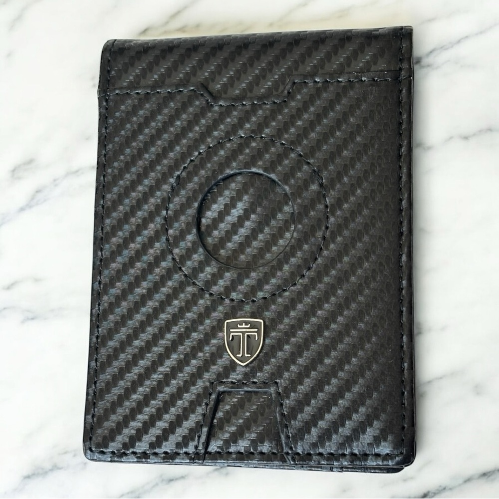 TRAVANDO Slim Money Clip RFID Blocking Bifold Wallet carbon airtag compartment